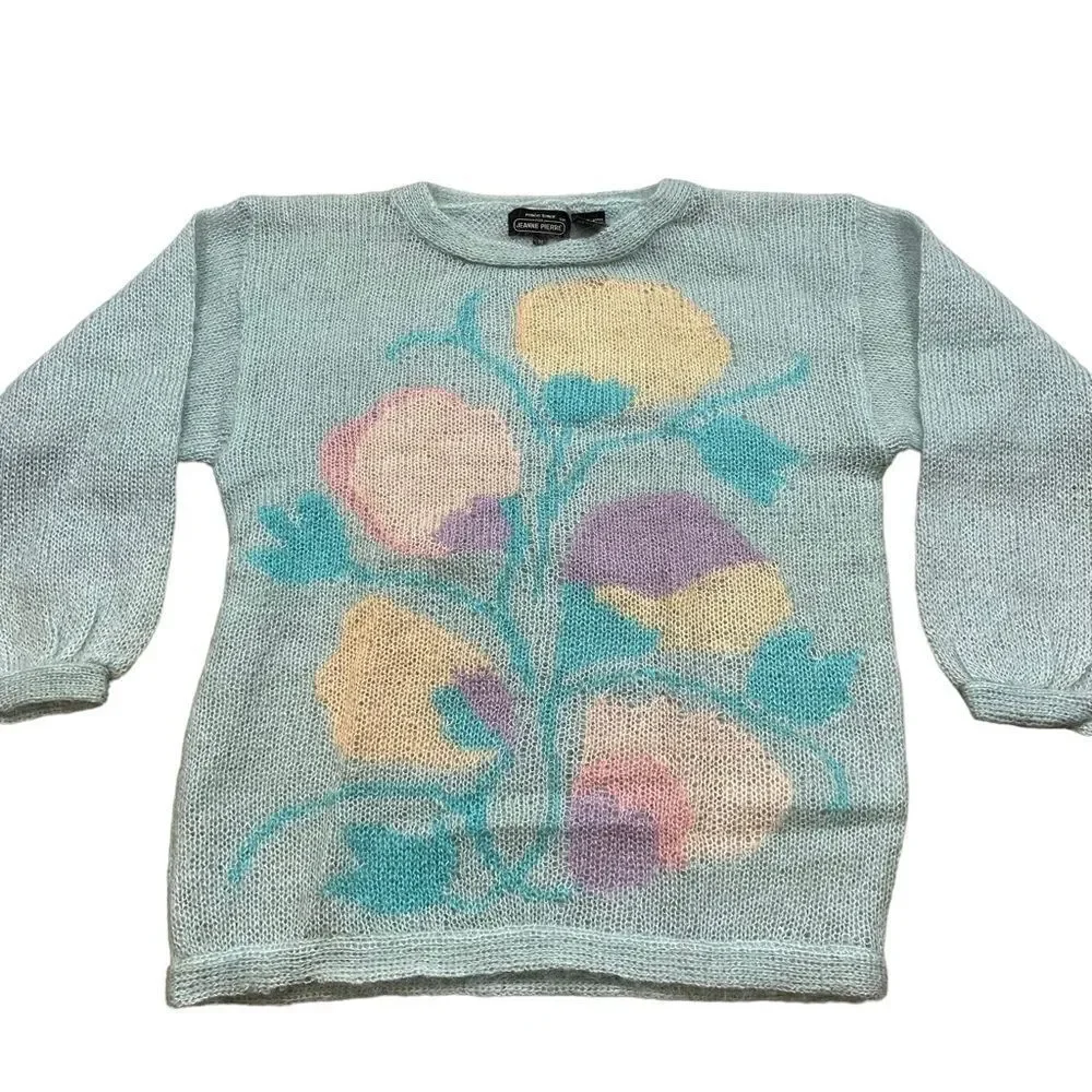 Vintage 80’s Renee Tener Blue Pastel‎ Floral Mohair Blend Sweater Size Medium